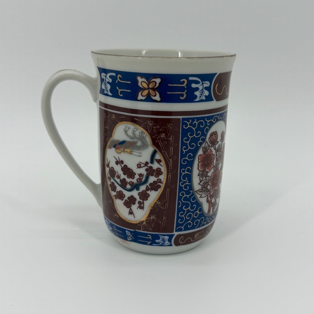 Vintage Interpur Japan Imari Style Porcelain Mug Floral Bird Gold Gilt 4.5 inch